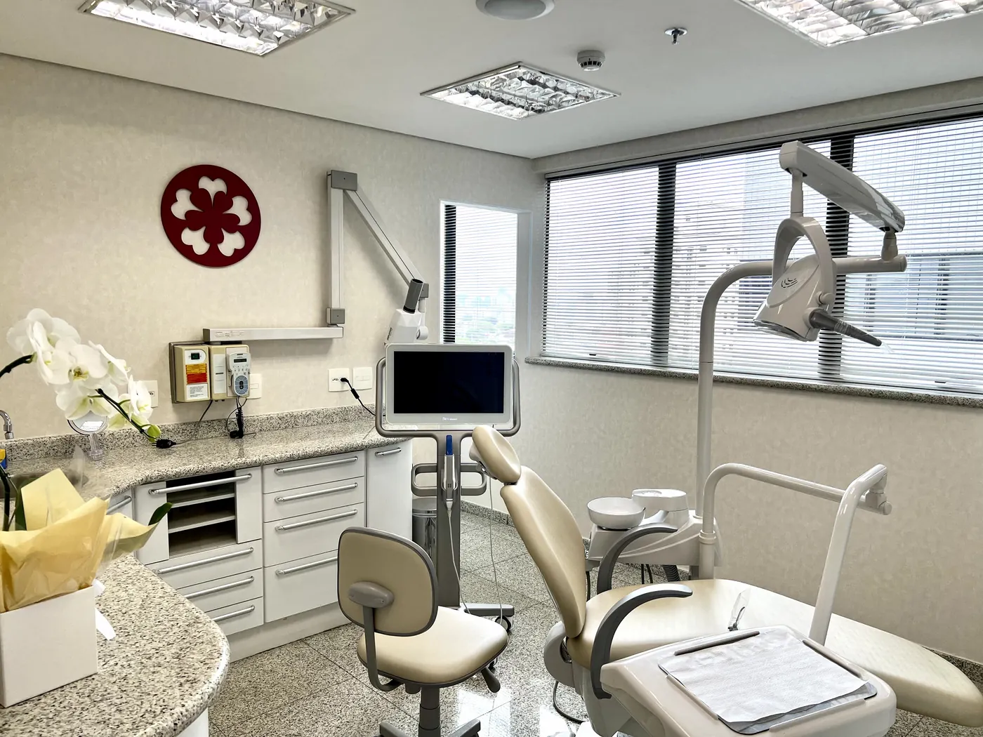 Sala de atendimento da Nippo Dents, com cadeira odontológica, janela e uma orquídea